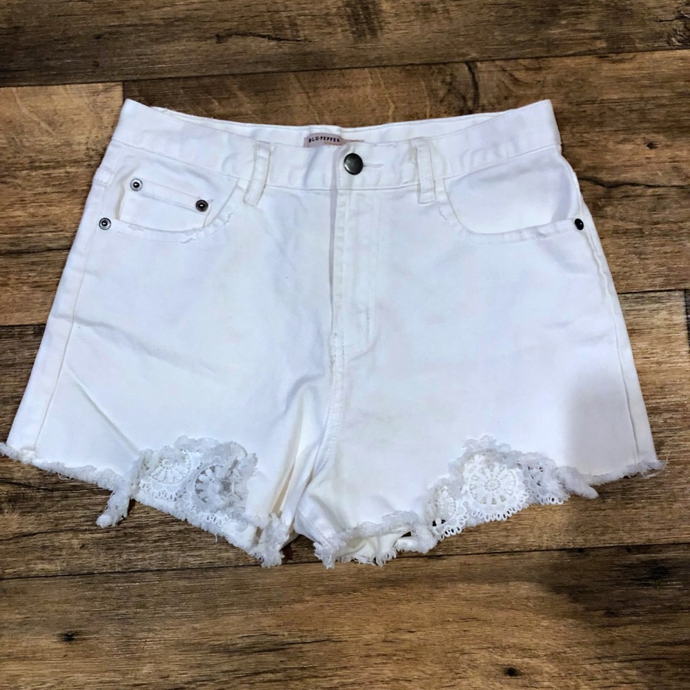 White Denim Distressed High-waist Shorts